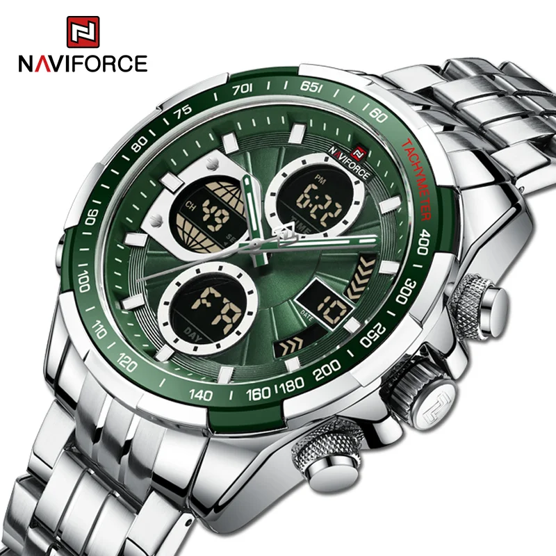 Фото NAVIFORCE мужские наручные часы повседневные спортивные водонепроницаемые светящиеся кварцевые часы из нержавеющей стали с двойным дисплеем мужские часы Reloj Hombre №1