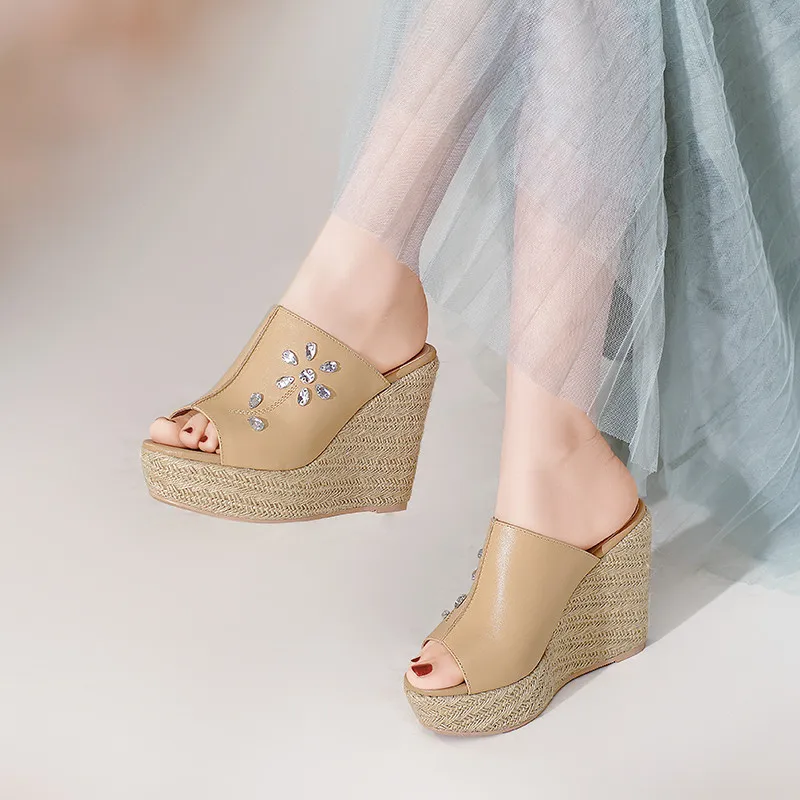 

MoonMeek Summer Women Sandals Genuine Leather High Heels Shoes Sexy Wedges Platfrom Ladies Slippers Mules Shoes Green