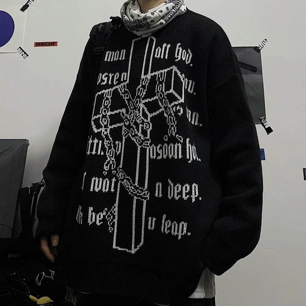 

New Gothic Harajuku Oversize Sweater Women Jumper 2020 Cross Letter Couple Pullover Streetwear Casual Knitted Hoodies Top Young