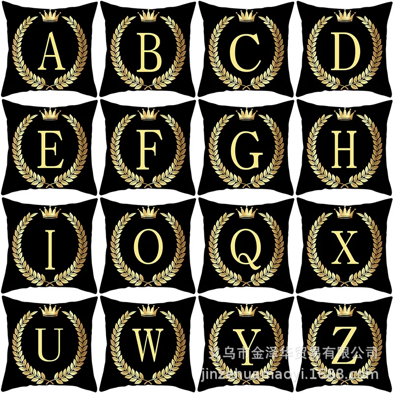 

2021 Square Fashion Black Gold Letter Pillowcase Crown Sofa Cushion Cover Household Items Living Room Office Throw Pillow Cover