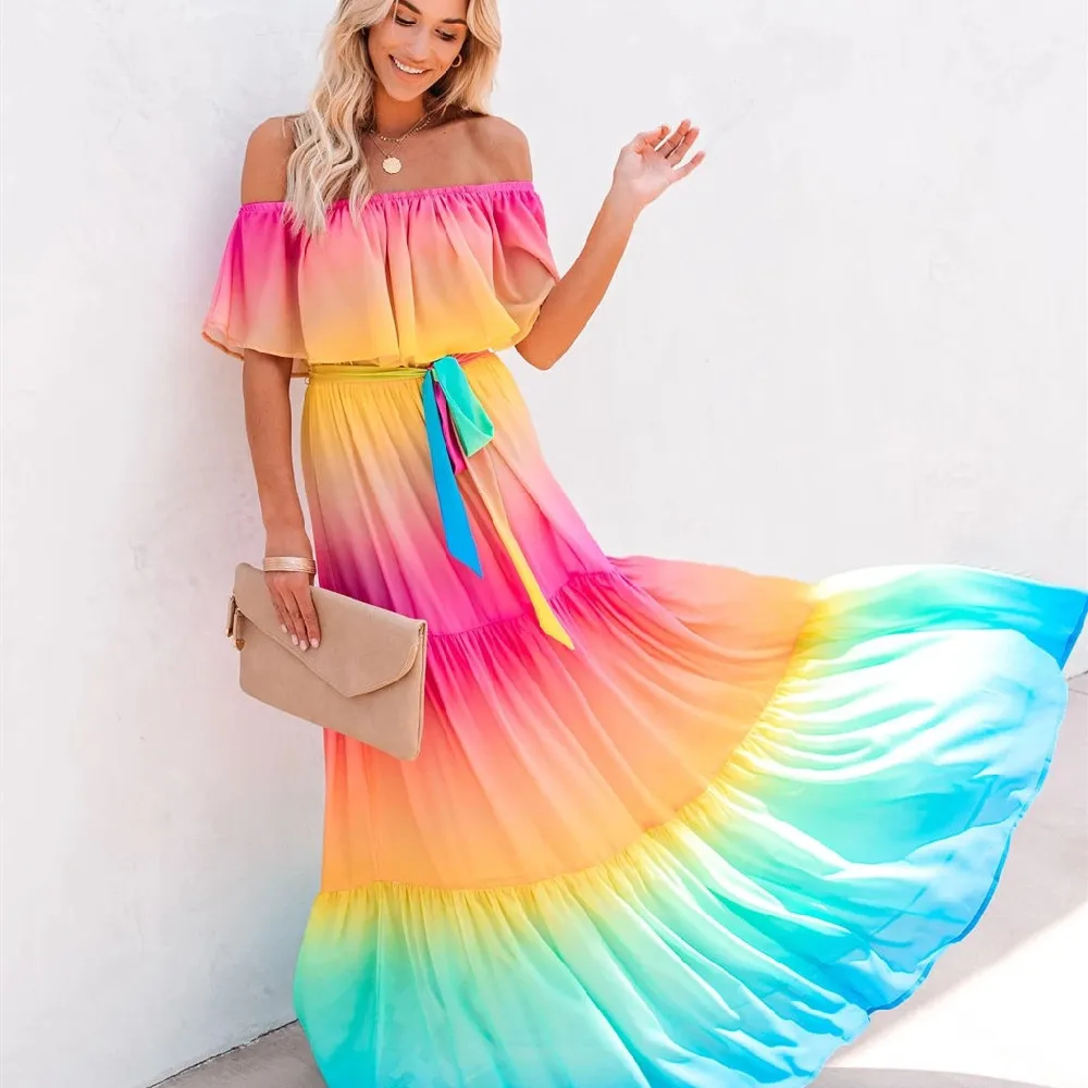 

Multicolored Bohemian Ruffled Off Shoulder Self Belted Party Dress Cotton Tunic Women Plus Size Boho Maxi Dresses Vestidos A324