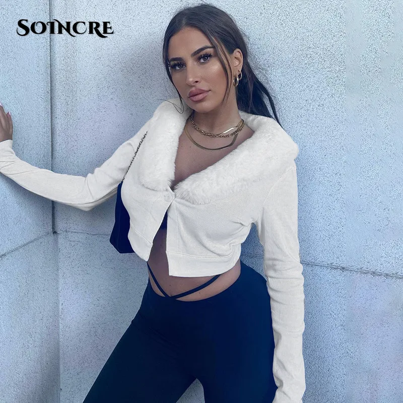 

Пикантное короткое пальто с воротником из кроличьего меха, женские осенне-зимние облегающие топы с V-образным вырезом, однотонные куртки с д...