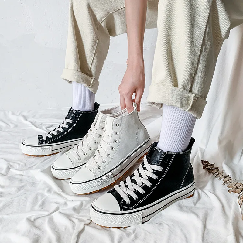 

2021 Spring New Outdoor Women Sneakers Vulcanized Non-slip Comfortable Fashion High-top PU Leather Vulcanized Casual Shoes