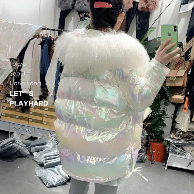 

New style of lacquer leather with silver bright surface and red thick coat for women