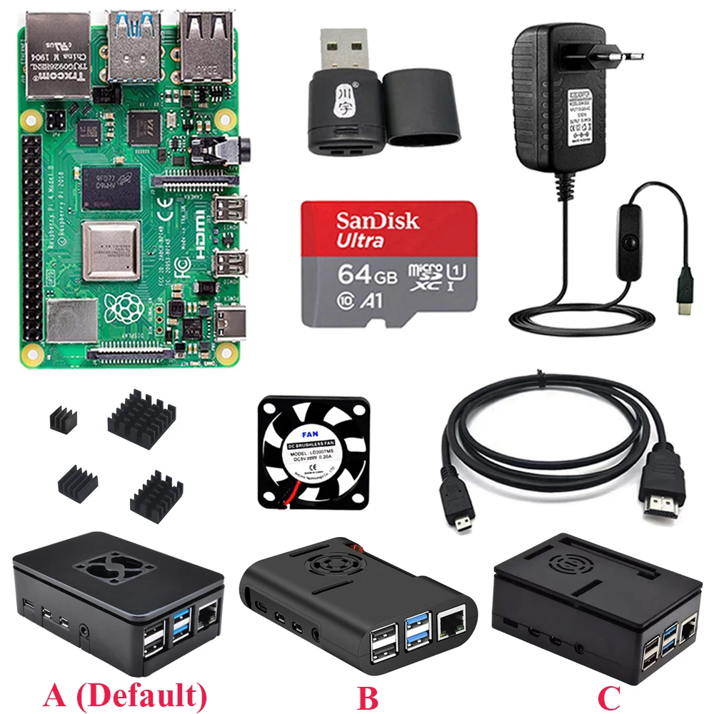 

Original Raspberry Pi 4 Model B + ABS Case + Fan + SD Card + Power Supply + Heat Sink + Video Cable For Pi4 2GB 4GB 8GB Kit