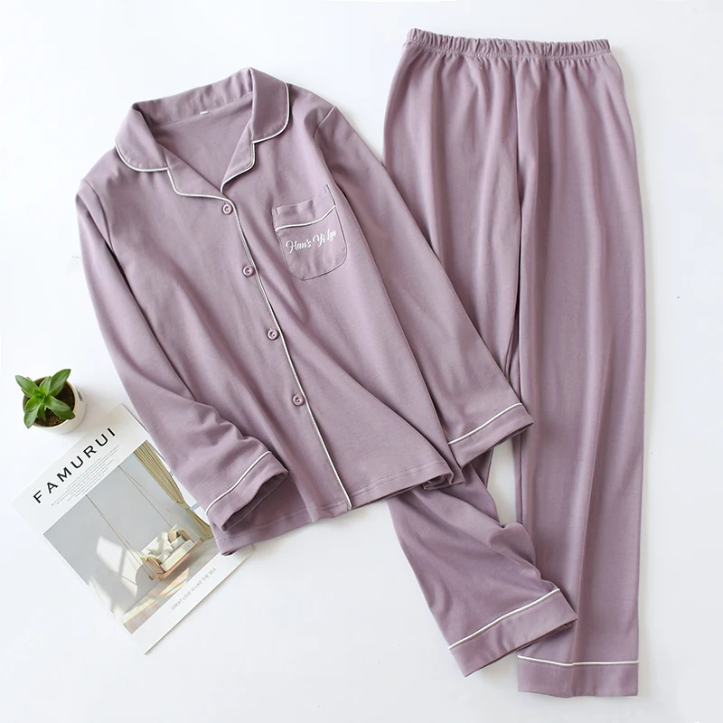 Autumn And Winter Cotton 2PCS Couple Pajamas Set Women Long Sleeve Trouser Sleepwear Female Loose Casual Home Service Suit