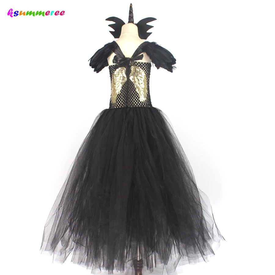 Black Long Devil Tutu Dress Halloween Costume Girls Tulle Dark Angel V-neck Kids Pageant Carnival Party Ball Gown Dresses | Детская