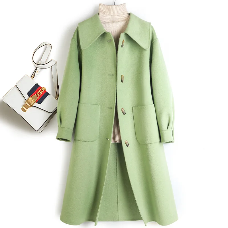 Женское шерстяное пальто с большим воротником двухстороннее зеленое