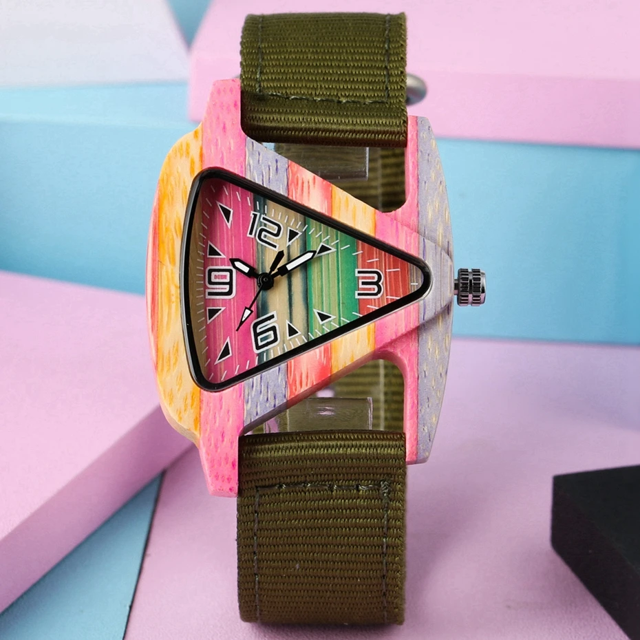 

Women's Fashion Colorful Hollow Triangle Wooden Watch Clock Female Nylon Watchband Casual Ladies Dress Watches Montre Femme 2020
