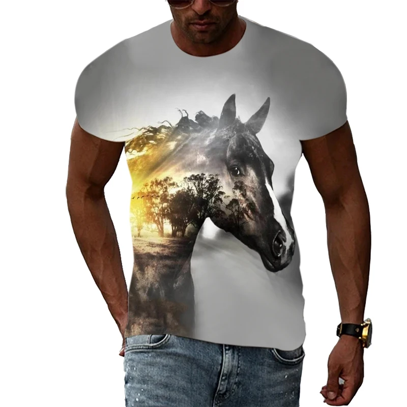 

Футболка мужская с 3d-рисунком лошади, Повседневная стильная модная рубашка в стиле хип-хоп, с принтом, в стиле Харадзюку, лето