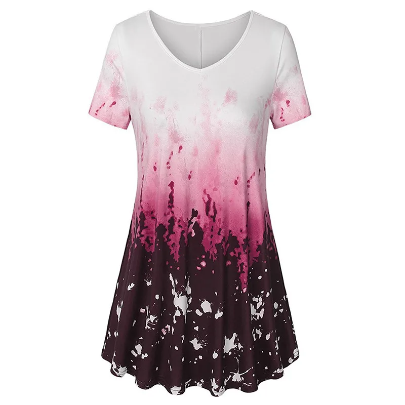 

Summer New Women Vintage Print Long T shirt Ladies Casual Loose Short Sleeve V Neck Pleath Tee Tops Female