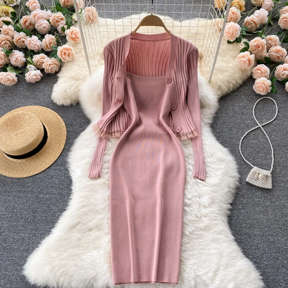 

Autumn New Style Lace Knitted Cardigan Female Bag Hip Sexy Sling Dress Two-piece Suit
