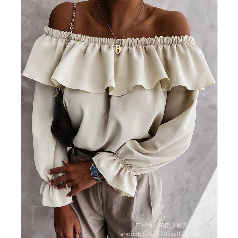 

WEPBEL Sexy Flare Sleeve T-shirt Women's Casual Solid Color Loose Slash Neck T-shirt Summer Ruffles Stitching Pleated T-shirt