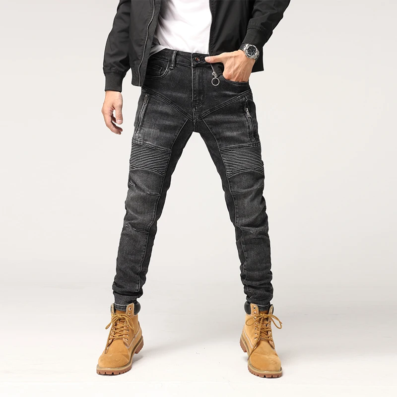 Street Style Fashion Men Jeans Retro Blue Slim Fit Elastic Zipper Spliced Designer Biker Jeans Men Hip Hop Denim Punk Pants