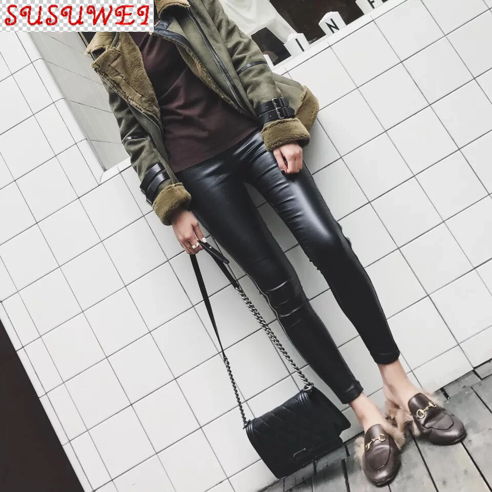 

Luxury Design Elastic High Waist Slim Fit Warm Winter Leggings PU Leather Pants