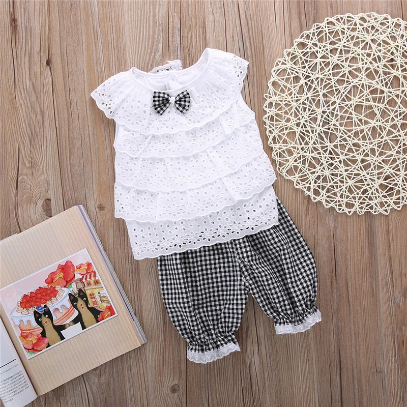 2018 In Summer Beauty Cute Kids Clothes Two Pieces New Fashion Bowknot Lace Coat And Plaid Shorts Set Sweet Children Girls Suit | Мать и