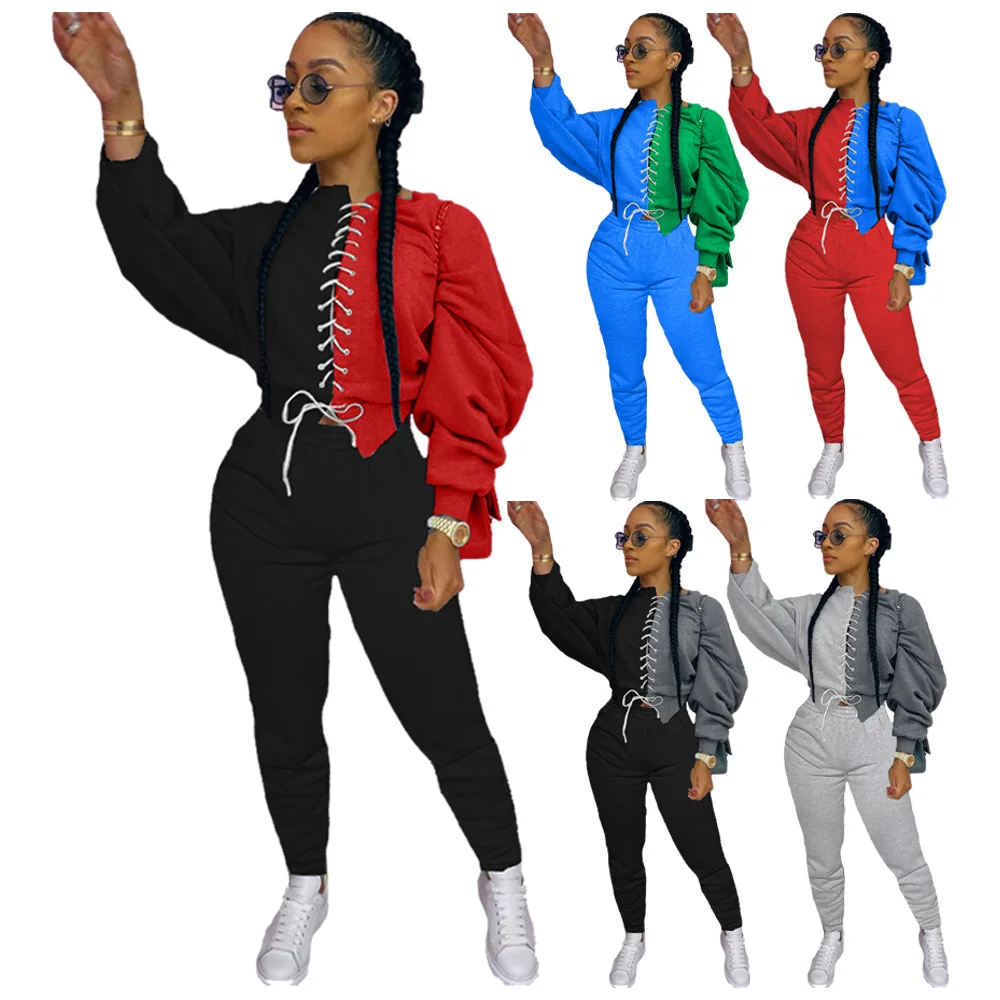 

H1547 European and American spring and autumn hot selling pure color splicing bat sleeve two-piece fashion leisure suit spot sup