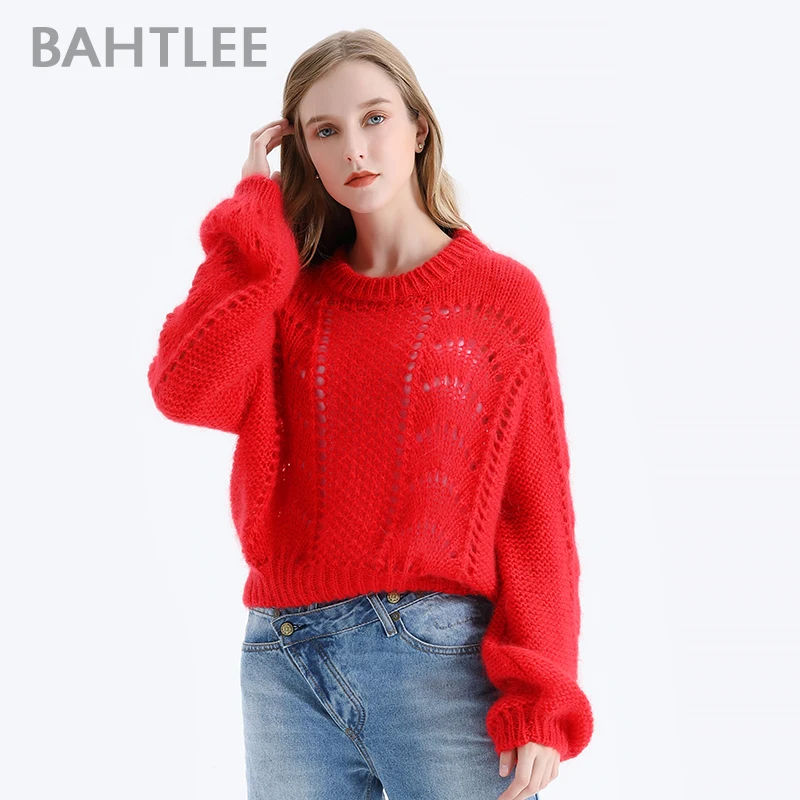 BAHTLEE Women Mohair Short Pullover Sweater Lantern Sleeves Autumn Winter Wool Knitted Jumper Loose Hollow out | Женская одежда