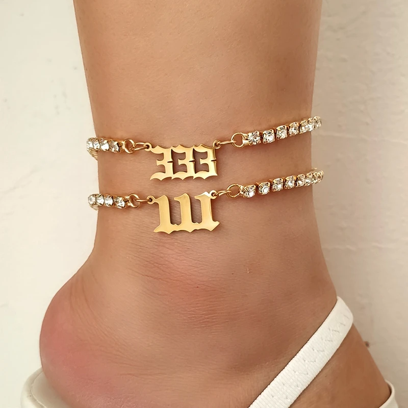 

Stainless Steel Angel Number 111 222 333 Anklets Bracelet For Women Bling Rhinestone Chain Anklet Barefoot Sandals Foot Jewelry