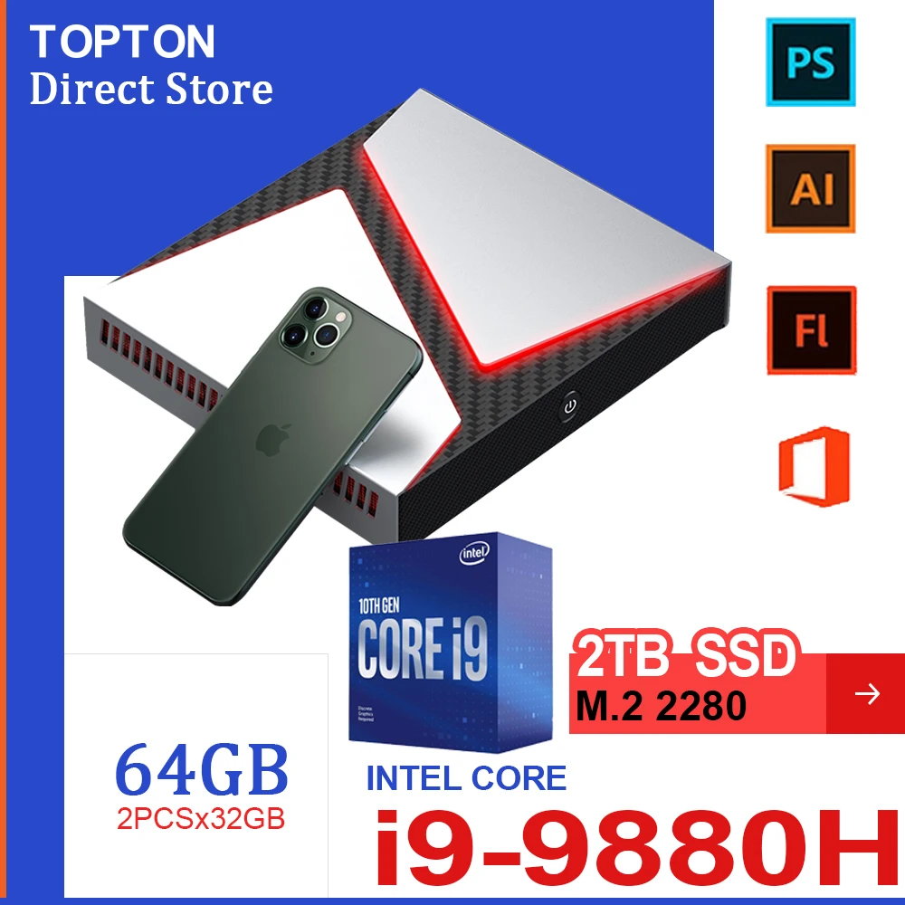 TOPTON для игровых мини ПК Intel Core i9 9980HK 9880H i7 9750H Nvidia GTX 1650 4GB игровой Настольный 2DDR4 64 Гб