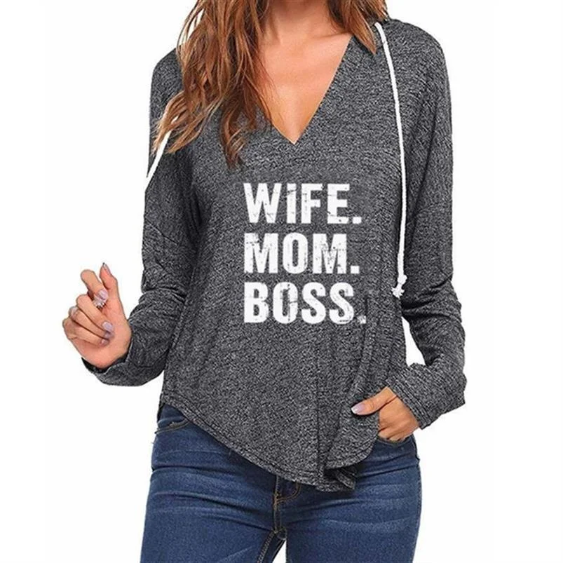 

Hoodies For Women Spring Summer Harajuku V-Neck Pullovers WIFE MOM BOSS Letters Print Tops Hoodies Youth Women Sweatshirts