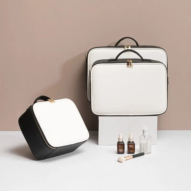 

Leather Clapboard Cosmetic Bag Professional Make Up Case Large Capacity Storage Handbag Travel Insert Toiletry Makeup bag