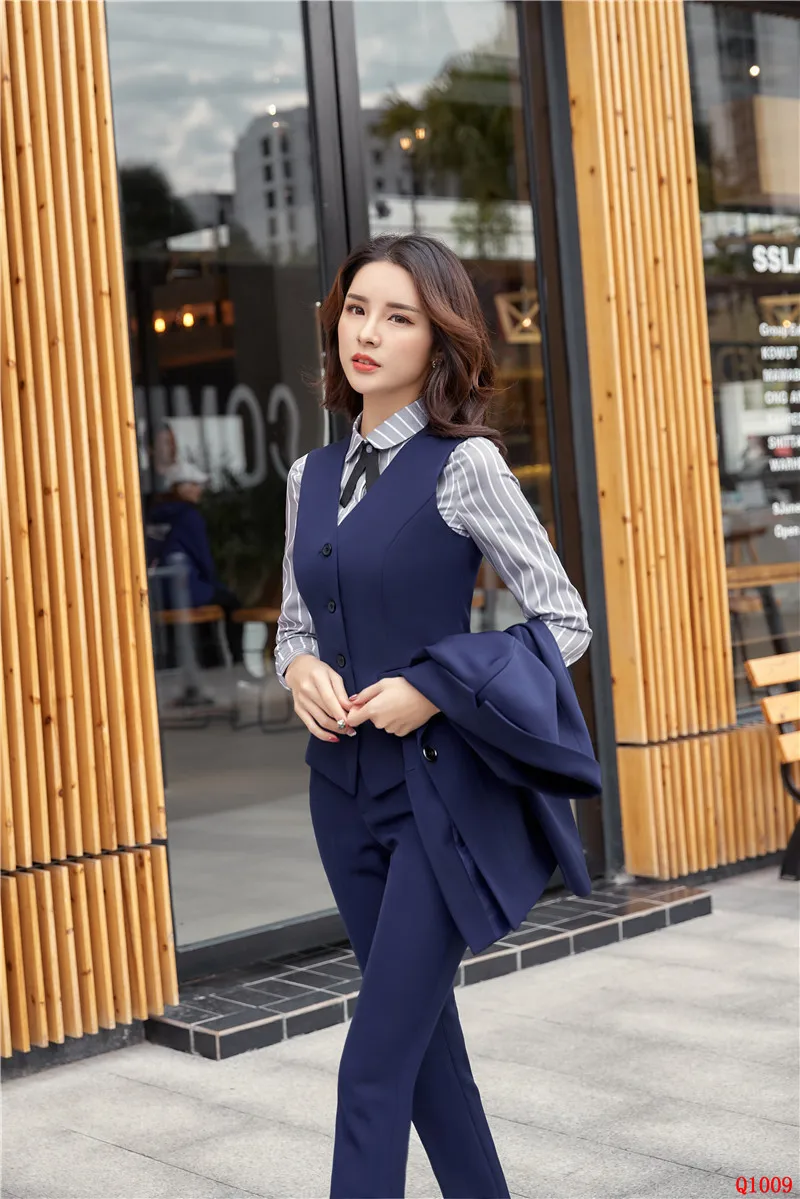 Темно синий Модная форменная конструкции брючные костюмы для женщин бизнес