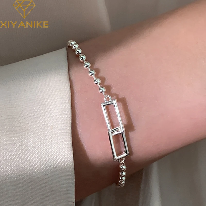 

GOLDRIA 925 Sterling Silver Geometric Square Cross Round Bead Bracelet For Women Creative Design Fashion Hand Jewelry Party
