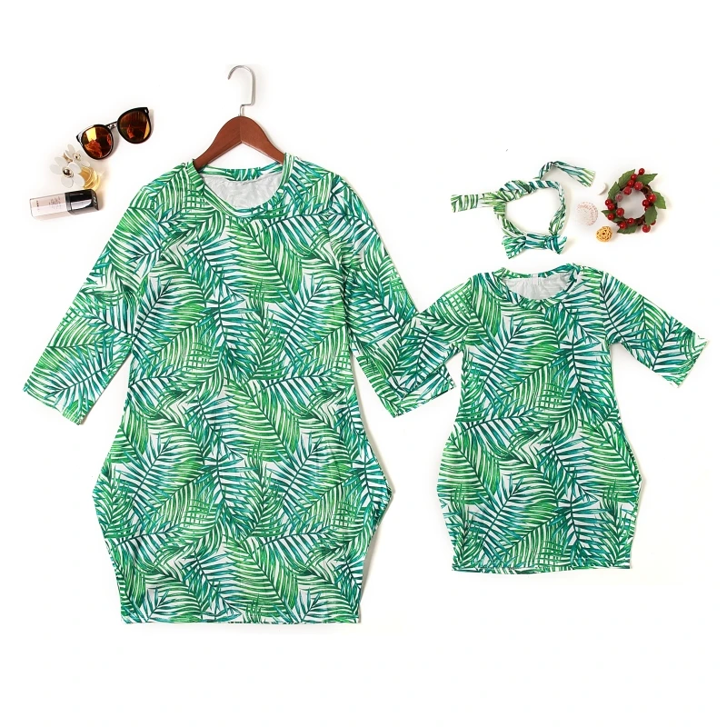 Платье для мамы и дочки с принтом в виде зеленых листьев|Сочетающаяся одежда