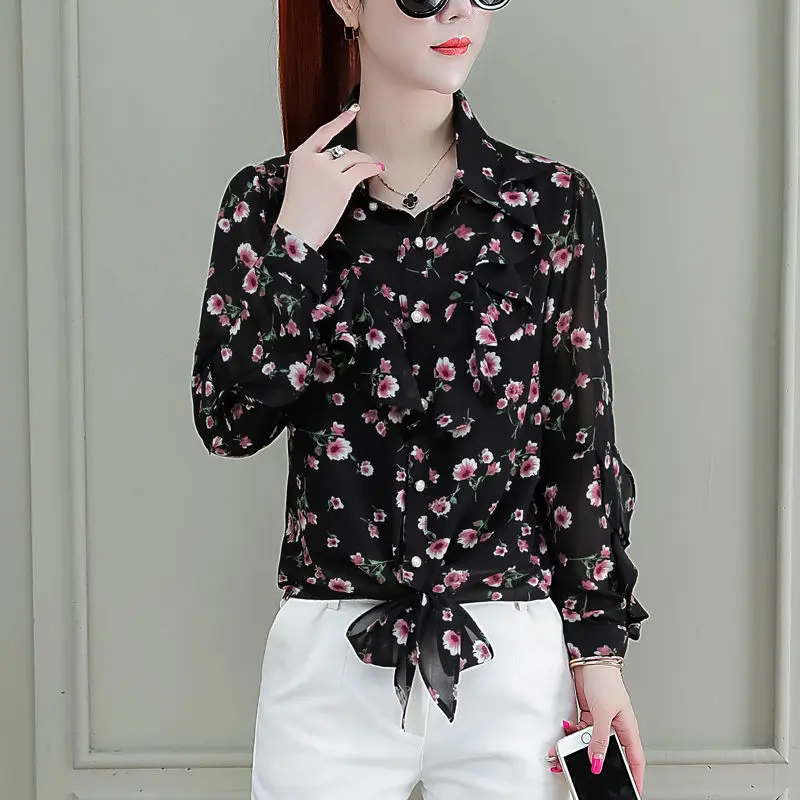 

Floral chiffon shirt women 2021 new spring autumn fashion style shirt long-sleeved ruffled leopard print commuter blouse tops
