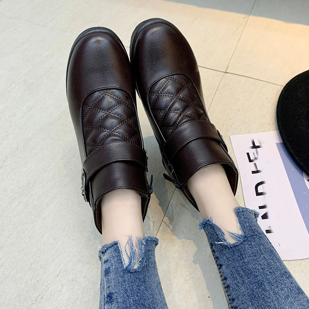 Кожаные Ботинки женская зимняя обувь на платформе Женские теплые Утепленные