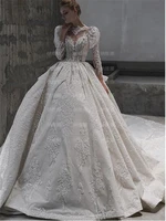 vintage elegant long sleeve beaded sequin sexy backless luxury royal celebrity robe wedding dress