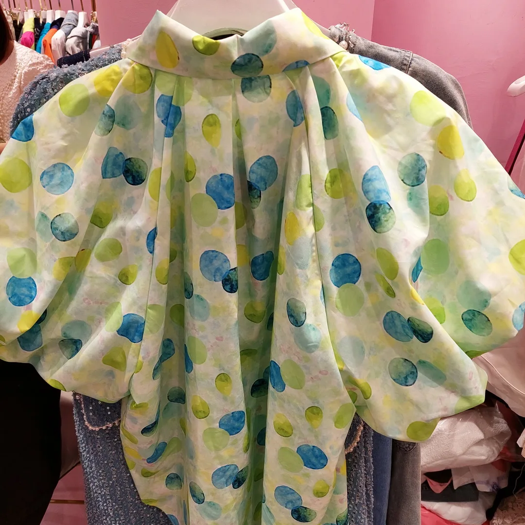 

2021 Summer Korean Sweet Puff Sleeve Light Green Dot Loose Shirt Ladies Turn-down Collar Blouse Fashion Simple Prairie Chic Tops