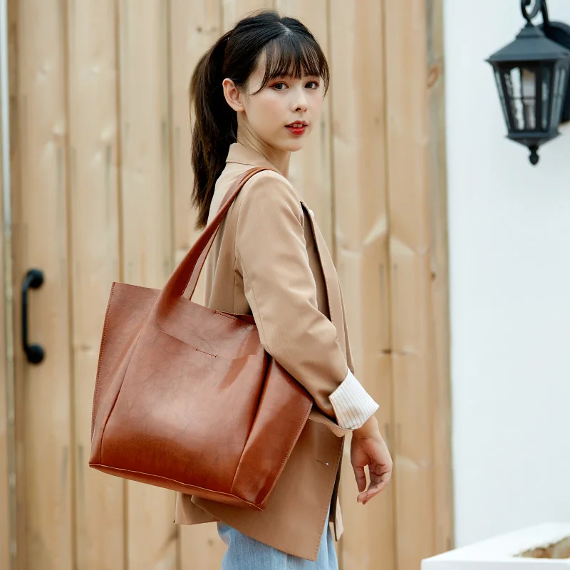 

Casual women shoulder bags large capacity female big totes designer luxury soft pu leather lady purses and handbags bolsas brown