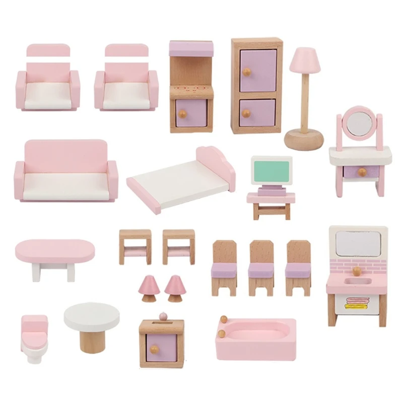 

Wooden Dollhouse Furniture Set, 22 Piece Fully Assembled Pretend Playhouse Set