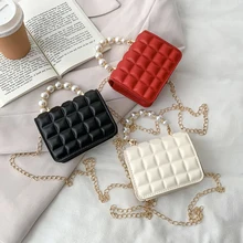 Fashion Women PU Leather Thin Chain Shoulder Crossbody Bag with Pearl Handle Portable Chocolate Grid Solid Color Small Handbags