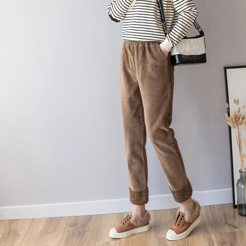 Осень зима вельветовые штаны для женщин высокая талия карманы брюки плюс размер