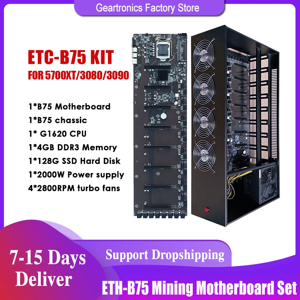 

ETH-B75 Mining Motherboard Chassis Set Support 8 GPU Slots With B75 Mainboard+4GB DDR3+G1620 CPU+128GB SSD+2000W PSU For BTC Rig