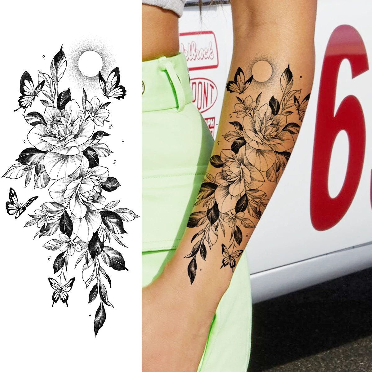 Realistic Rose Flower Fashion Arm Temporary Tattoos For Women Adult Peony Dahlia Butterfly Fake Tattoo Body Art Washable Tatoos | Красота и