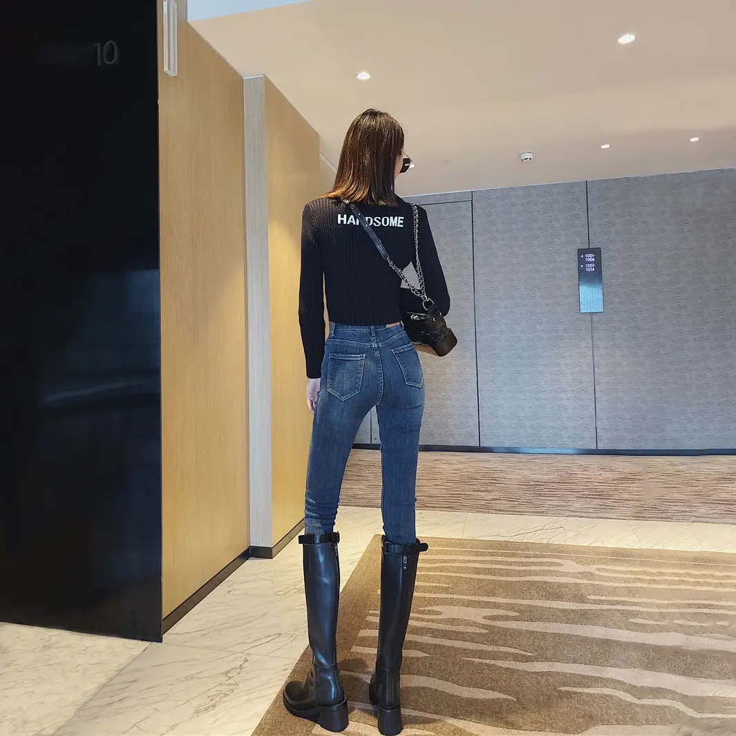 

Woman Jeans Pants High Waist Tight Pencil Autumn Dark Blue Skinny Pants