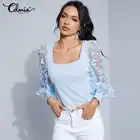 Женские пикантные бабочка с пышными сетчатыми рукавами прозрачная блузка Celmia квадратный воротник вечерние прозрачные блузки 2021 летние модные топы зауженного кроя