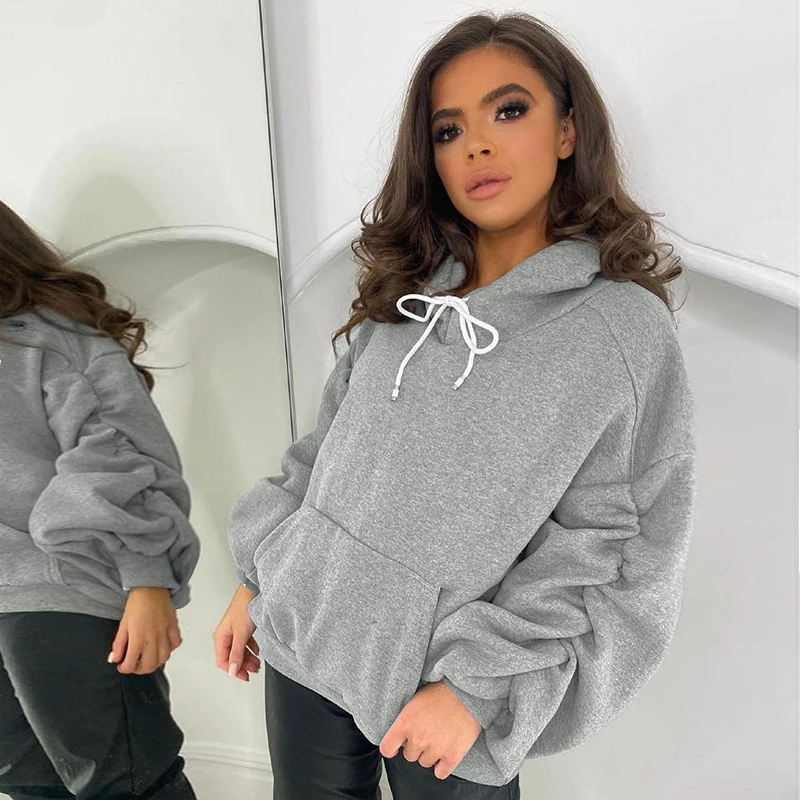 

Streetwear Casual Joggers Women Sweatshirts Oversized Big Pockets Hoodies Harajuku Lantern Pleated Sleeves Tops Cuteandpsycho