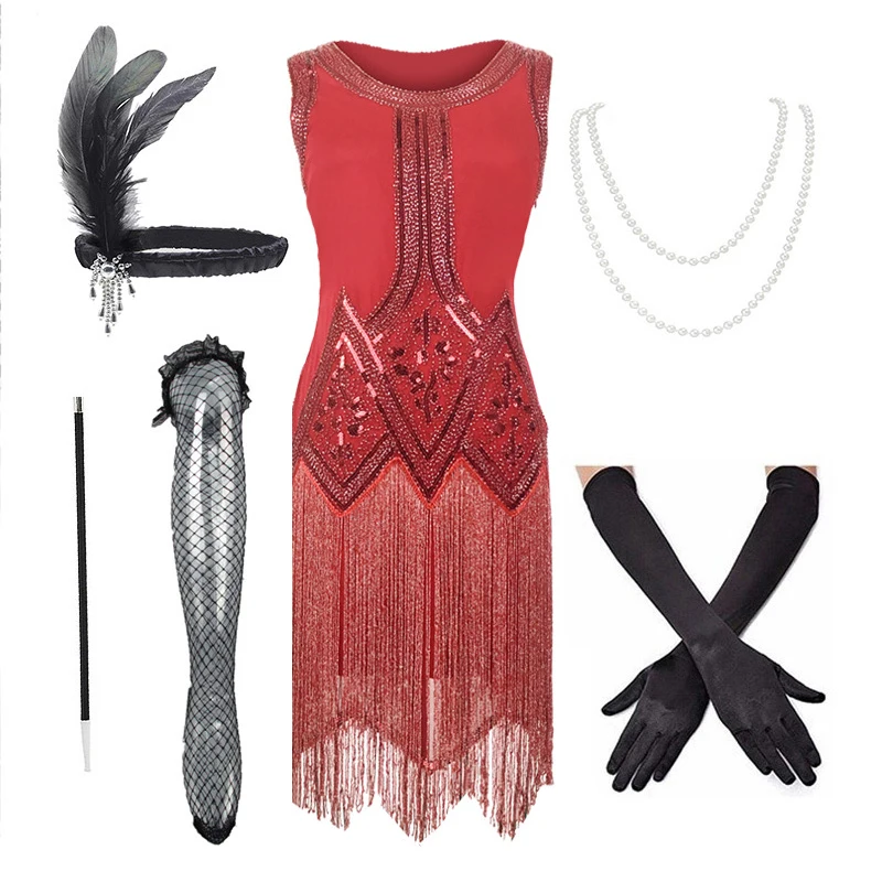 

Women's 1920s V Neck Sequins Beaded Fringed Gatsby Theme Roaing Arc Wedding Party Flapper Tassel Dress with Accessories Set