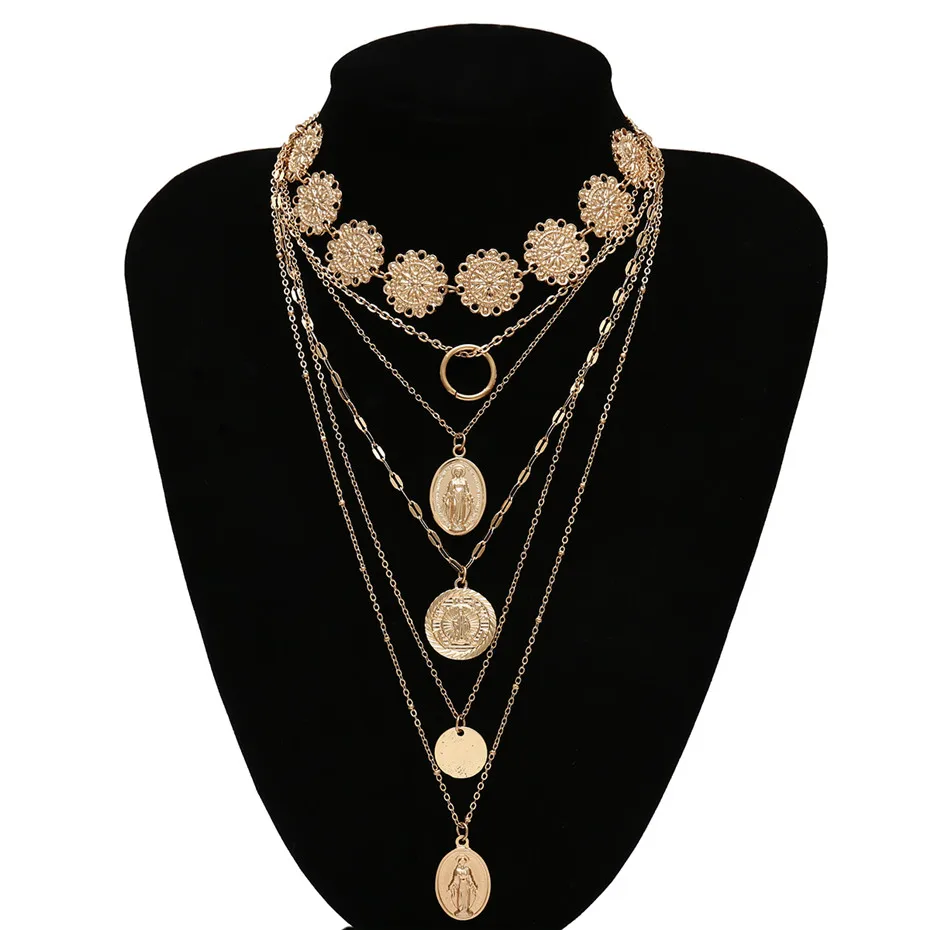 Gold Color Многослойное колье Mary Angel Pendnat, ожерелье, винтажная Готическая цепочка с цветами, длинное ожерелье для женщин, ювелирное изделие - Окраска металла: Gold Color
