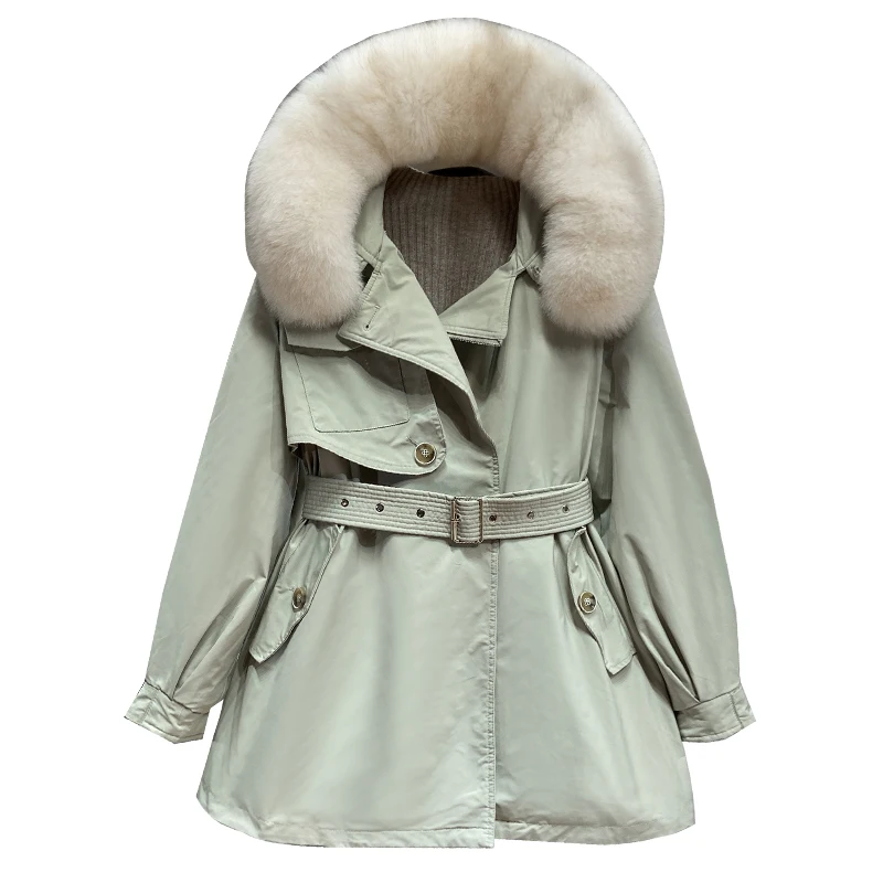 

JCHB 2021 Natural Fox Fur Women Down Coat Winter Thick 90% White Duck Down Female Belt Solid Hooded Jacket Loose Down Outerwear