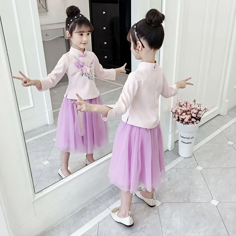 Комплект детской одежды для девочек Hanfu 2019 модные осенне зимние топы и платье