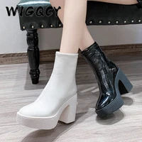women boots leather square high heel ankle boots round toe winter shoes woman warm comfort fashion platform zipper boots black