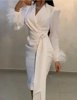 arabic white mermaid prom dresses long sleeve feather satin prom gowns for african elegant night short evening dress party wear