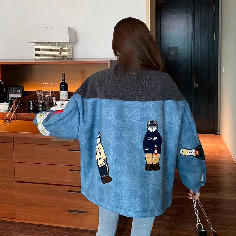 PERHAPS U Women Faux Fur Ted Denim Jacket Outwear Zipper Warm Thick Patchwork Leather C0474