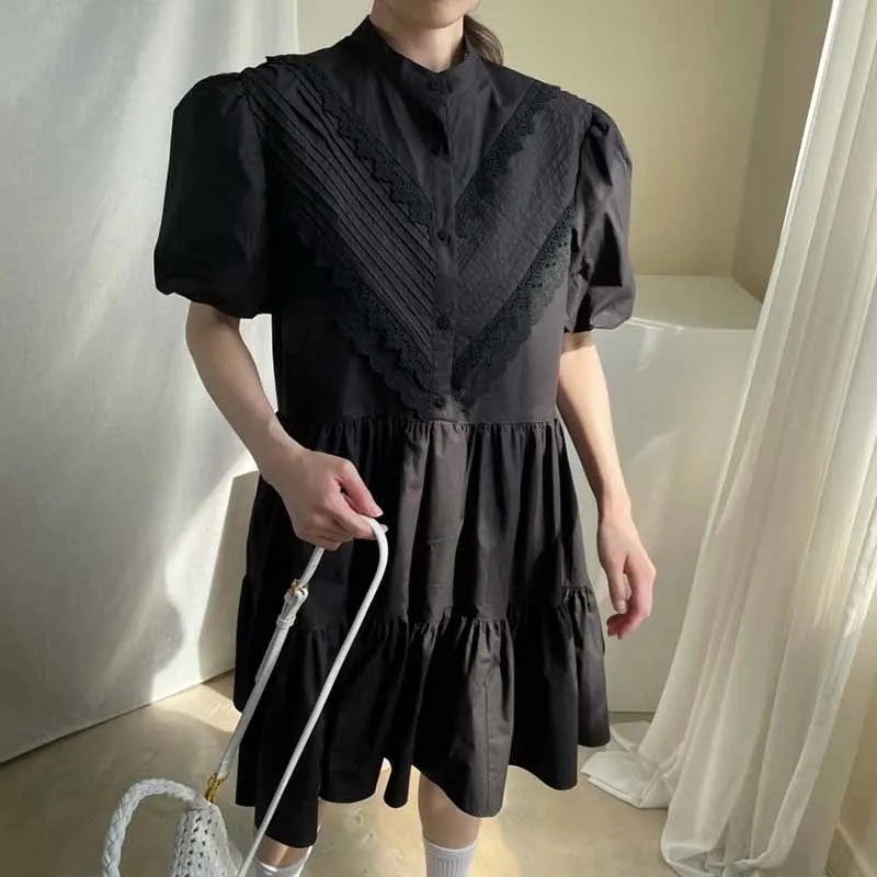 

GALCAUR Casual Patchwork Lace Dress For Women Stand Collar Puff Short Sleeve High Waist Knee Length Dresses Female Clothing 2021